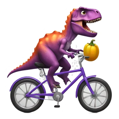 dinosaur riding a bike and eating an eggplant sticker