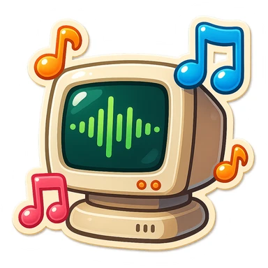 A classic CRT monitor with an audio waveform on the screen, surrounded by floating musical notes, lively and dynamic retro style sticker