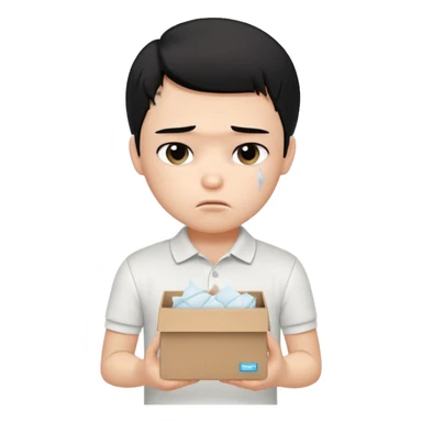 generate a pretty bratz boy with black hair, wearing a plain white polo shirt. Looking sad, holding a box of tissues sticker