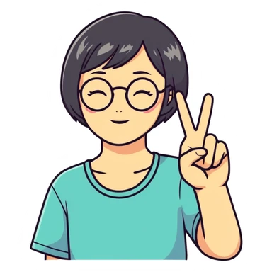 Short haired girl with glasses giving peace sign sticker