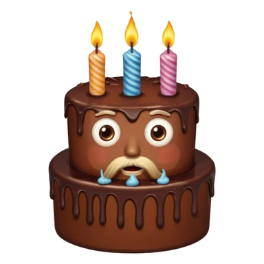 chocolate birthday cake with eyes and candles and beard sticker