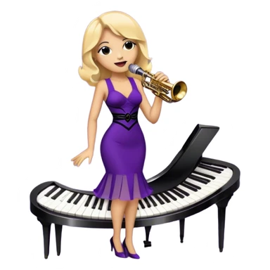 Create a vibrant and expressive emoji representing jazz vocal performance. The design should feature a vintage microphone at the center, surrounded by musical notes and soundwaves flowing outward, symbolizing the vocal improvisation and fluidity of jazz. Include key instruments often associated with jazz vocals, such as a jazz piano (stylized black keys) in the background and a saxophone or trumpet, giving it a true jazz vibe. Add soft lighting effects to evoke the intimate, atmospheric feel of a jazz club. Use rich colors like gold, black, deep purple, and red to reflect the soulful, smooth nature of jazz. The background should be transparent. sticker