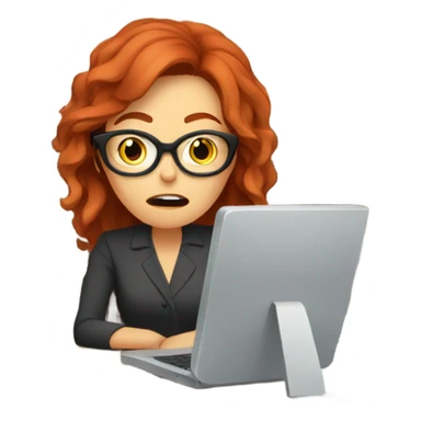 red hair woman wearing glasses frustrated desk monitor stack paper sticker