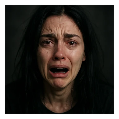 woman with long black hair having a mental breakdown, expressive face, emotional, visible distress sticker