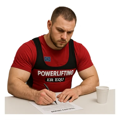 European powerlifter in anti-doping room, signing control documents, wearing competition clothing, serious atmosphere, realistic details, isolated on white background sticker