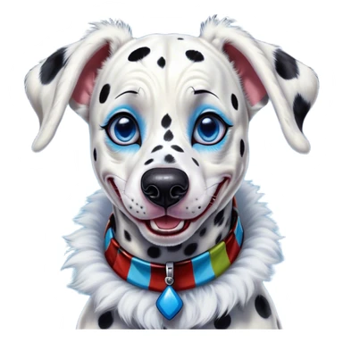 Cinematic Comical Harlequin Dalmatian Portrait Emoji, Head tilted dramatically with an exaggeratedly shocked or amused expression, featuring a striking Fur of predominantly white with vivid black patches, wide, expressive blue eyes filled with playful disbelief, Simplified yet hilariously expressive features, highly detailed, glowing with a slightly sassy glow, high shine, dramatic yet playful, stylized with an air of cheeky charm, bright and endearing, soft glowing outline, capturing the essence of a spirited and over-the-top guardian, so meme-worthy it feels like it could side-eye its way into internet fame instantly! sticker