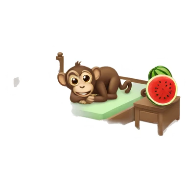 monkey hiding under bed eating watermelon sticker