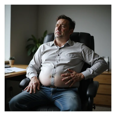 realistic hyper-detailed 4K image of a man with a bloated abdomen sitting on an office chair, expression of discomfort, one hand on abdomen, wearing work clothes, realistic atmosphere sticker