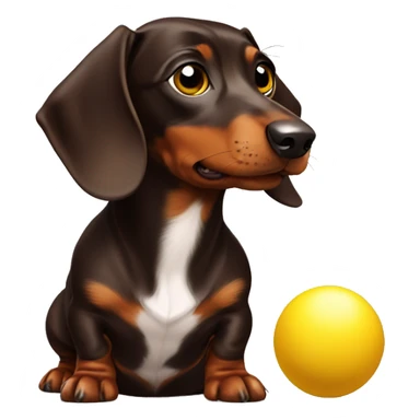 A chocolate-colored dachshund with a yellow ball sticker