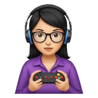 
gamer, woman shiny black hair no eyebrows with glasses, headphone, gamepad sticker
