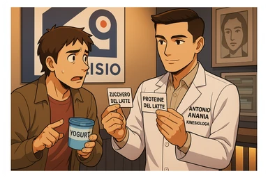 fai un webtoon manga a colori con questo stile, in cui un uomo ASCOLTA Il kinesiologo con il camice bianco (fagli anche la scritta "ANTONIO ANANIA" SUL CAMICE, IL KINESIOLOGO SPIEGA ALL'UOMO UNA COSA TENENDO DUE FOGLIETTINI IN MANO, UNO CON LA SCRITTA "ZUCCHERO DEL LATTE" E UNA CON LA SCRITTA "PROTEINE DEL LATTE". L'UOMO OSSERVA LO YOGURT CHE HA IN MANO CON ESPRESSIONE DUBBIOSA IN VOLTO. non fare i fumetti però, fai solo in modo che sembri stiano parlando sticker