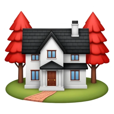 Dom z czarnym dachem i biała elewacja ze wstawkami z czerwonej cegły.Na drugim planie las. sticker