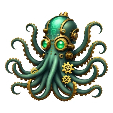 A steampunk-styled mechanical kraken with golden gears, steam vents, and glowing emerald eyes, clockwork kraken sticker