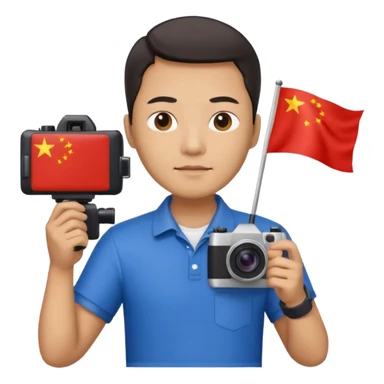 A Chinese man with a Chinese flag and a camera sticker