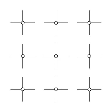 a series of layout markings spaced in an even symmetrical grid, as in camera viewfinder crosshairs. black and white high contrast, precision optics. this is the blank unit high resolution template sticker