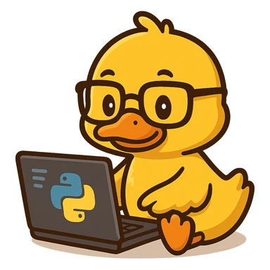 Animated duck wearing glasses, programming Python on a laptop, in a cute cartoon style sticker