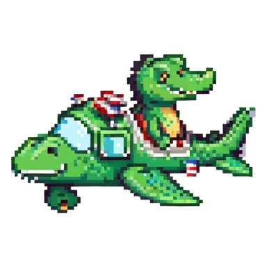 pixel art bright green crocodile piloting an airplane, chibi proportions, cute face sticker