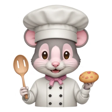 dark gray mouse with large round ears, brown eyes, and a small pink nose, wearing a white chef’s hat and has a friendly, slightly open-mouthed expression sticker
