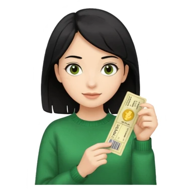 A girl with a single tuft of black hair, brown eyes, a green sweater, and theater tickets in her hands sticker