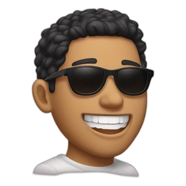 emote of tanned man, with black hair, fade haircut and brown eyes, dressed in a vans skater style, wearing Osacruz sunglasses, is laughing. sticker