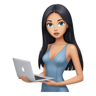 Glamours tanned very beautiful girl with pump nude lips and black straight smooth long hair, blue-grey eyes in bodysuit with one MacBook. sticker