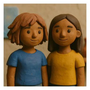 dos chicas, una con pelo corto desmechado en capas hasta la barbilla, castaña, piel morena; la otra con pelo lacio hasta el hombro, castaña, piel morena, estilo claymation sticker