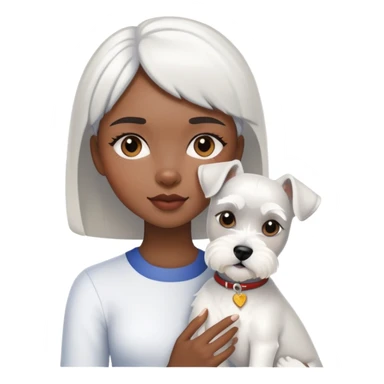 Black girl with short bangs holding a white schnauzer dog sticker