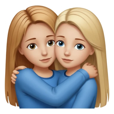 Two girls are hugging. One has dirty blonde hair with a little reddish in it. She has also grey eyes with a little hazel in it. Her hair is long and straight. The other girl is blonde and has really bright blue eyes sticker
