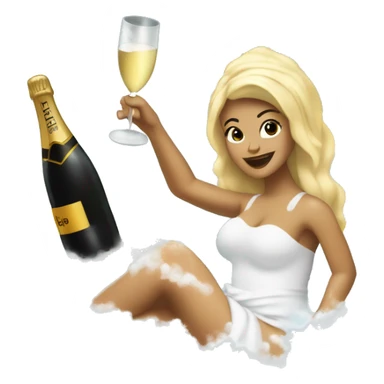 Girl with white towel wrapped around hair holdingl a champagne glass and bottle in black high heels kicking feet out in bubble bath  sticker