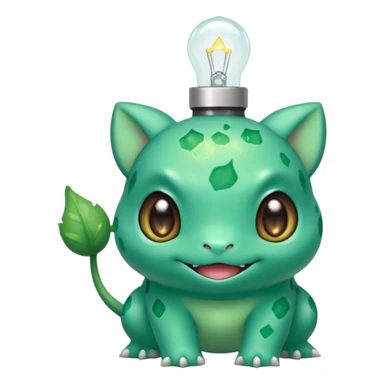 cute Bulbasaur Pokémon with sparkling eyes, small bulb on back, happy inviting expression, green and teal colors sticker