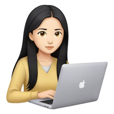 Long hair asian woman working on pale yellow laptop with brown eyes sticker