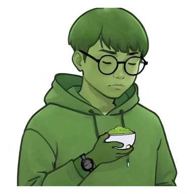 Depressed Asian man with glasses and a bowl cut sticker