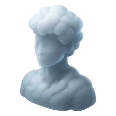 front view portrait of a person from shoulders up, composed of white fluffy clouds, matte glass style sticker