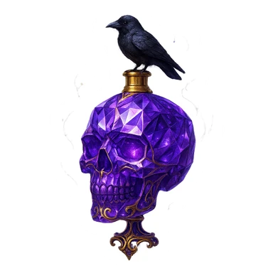 premium class crystal elixir bottle in the shape of a skull, violet, lots of glowing, facets, ornaments, golden details, magical effects, very small golden neck, transparent background, beautiful connected base, clearly floating in the air, no base or shadow, small crow sitting on top, very luxurious, matching the collection sticker