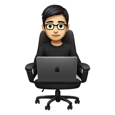 asian boy with glasses, long long straight hair, wearing black clothes , working on his laptop seating on a gaming chair sticker