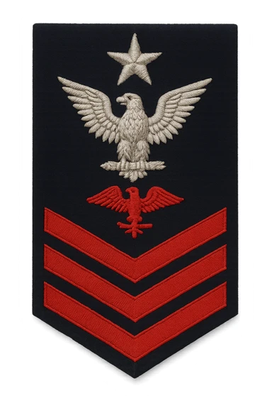 U.S. Navy Senior Chief Petty Officer (E-8) sleeve insignia, realistic style, silver eagle perched above a rocker and three red chevrons with a specialty mark in between, one silver star above the eagle, no background, transparent sticker