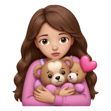 girl with long wavy brown hair, brown eyes, light to medium complexion, in a pink shirt, pink lips, long lashes, sad, hugging squeezing  a teddy bear with hearts sticker