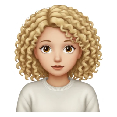 a dirty blonde girl with brown eyes and make her wearing a white sweater with curly hair and white skin color long har and big lashes sticker