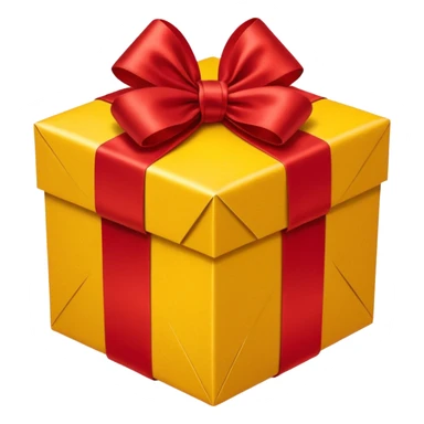 box with yellow wrapping paper and a length of red ribbon surrounding it sticker