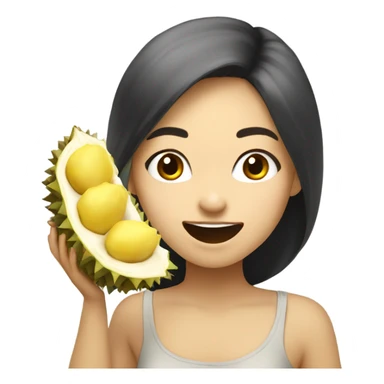 Half white half Asian girl eating durian fruit, happy sticker