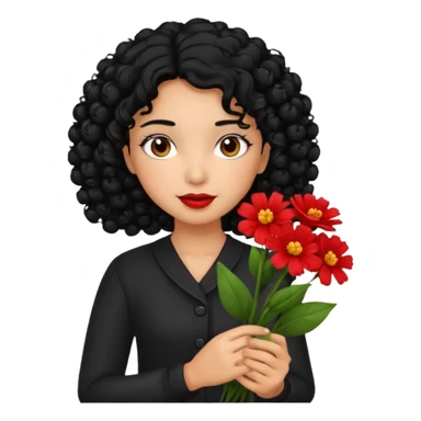 A girl with curly  black  hair and res flowers in her hands sticker