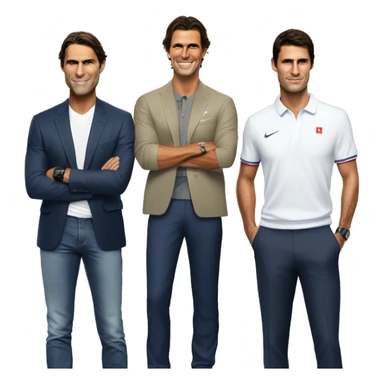 In the left ide there is Rafael Nadal. In the middle there is Novak Djokovic. In the right side there is Roger Federer. They ar standing one next to each other and they are made with the smestyle sticker