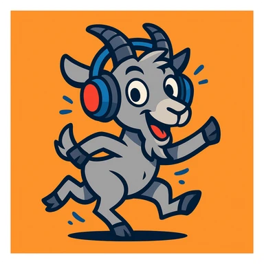 energetic and playful grey goat wearing large gaming headphones, cartoon style sticker