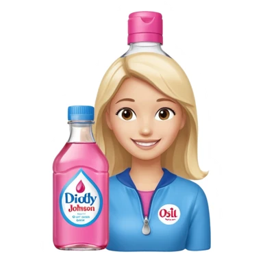bottle of oil blue top pink outside with logo that says Diddy Party oil Johnson and Johnson  brand with a smiling girl berry on top sticker