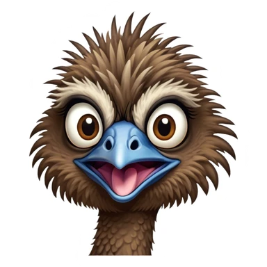 Cinematic Comical Emu Portrait Emoji, Head tilted dramatically with an exaggeratedly amused expression, featuring a striking, textured brown plumage with a comically small head and wide, expressive eyes full of playful disbelief, Simplified yet hilariously expressive features, highly detailed, glowing with a slightly sassy glow, high shine, dramatic yet playful, stylized with an air of cheeky outback mischief, bright and endearing, soft glowing outline, capturing the essence of a spirited and over‐the‐top emu, so meme‐worthy it feels like it could squawk its way into internet fame instantly! sticker