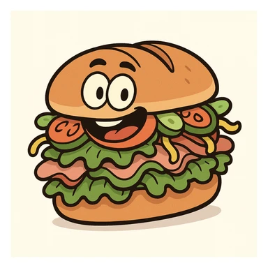 cartoon hoagie sandwich with bright colors, thick bread, overflowing with ingredients, fun and whimsical, isolated on white background sticker