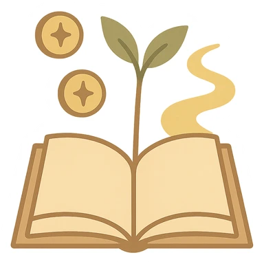 literary, healing, minimalist avatar in a soft warm color palette of beige, light brown, green, pale yellow, abstract symbols of growth and wealth such as sprouting plant, winding path, gentle coins, no text, square composition sticker