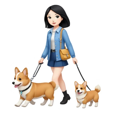 A girl with long black hair walking a corgi sticker