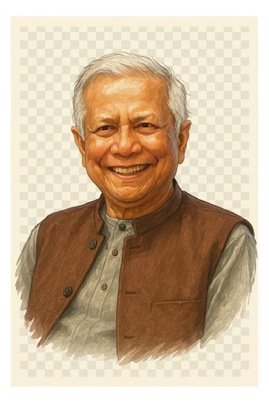 Мухамма́д Юну́с в слегка рисованном, но при это объемный стиль, прозрачный фон sticker