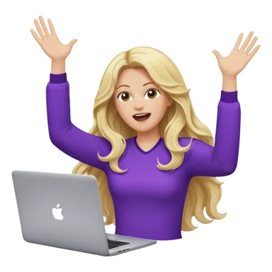 lady with long blonde wavy hair, purple top throwing her with a laptop hands in the air screaming sticker